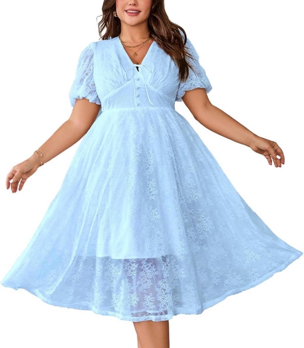 NWT EYWOL Women's Plus Size Cocktail Dress Sz XL Baby Blue SS Lace Midi Dress